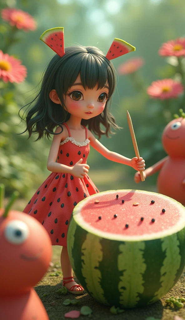 (8k, best quality, photorealistic, realisti), a pretty adult japanese female model with pink watermelon skin and features, include the seeds in the clothing patterns, she is playing on bongo drum in the shape of a giant watermelon in a surreal garden world, surrounded by other fruit and vegetable creatures, they are all friendly and happy.
