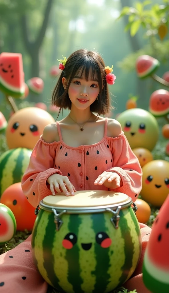 (8k, best quality, photorealistic, realisti), a pretty adult japanese female model with pink watermelon skin and features, include the seeds in the clothing patterns, she is playing on bongo drum in the shape of a giant watermelon in a surreal garden world, surrounded by other fruit and vegetable creatures, they are all friendly and happy.