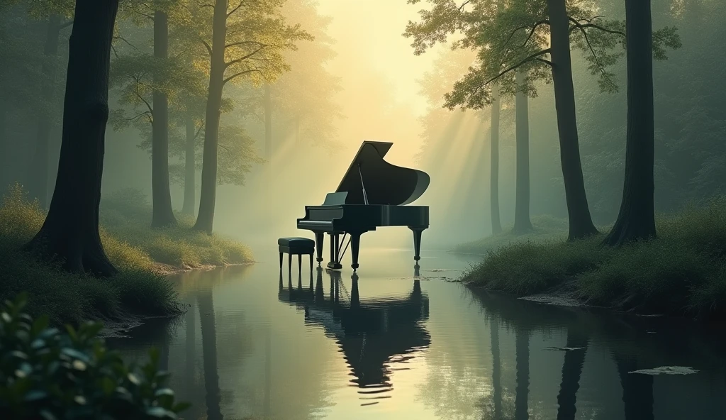 Tall tree々The painting depicts a landscape of a large black grand piano set in a forest reflected in the calm water.。The atmosphere is shrouded in mist、The light shines through the fog、Creates a warm golden glow。This image captures the peace and beauty of nature.、Fog and reflections evoke feelings of serenity and introspection.