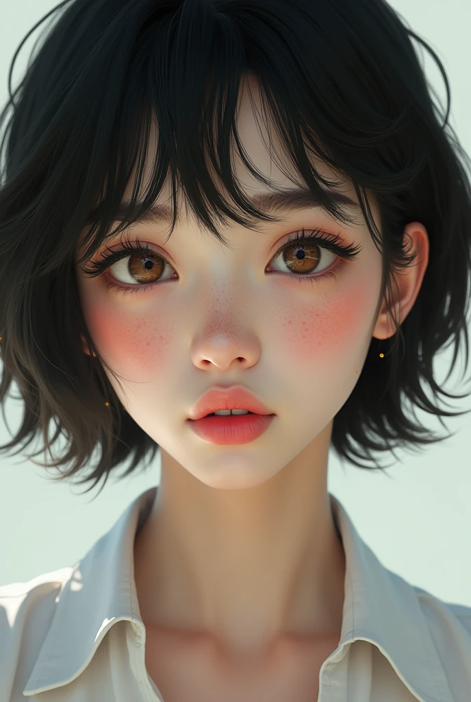 very realistic young Japanese woman, with short hair like a man, lightbrown eyes, pink lips, rosy cheeks with freckles.