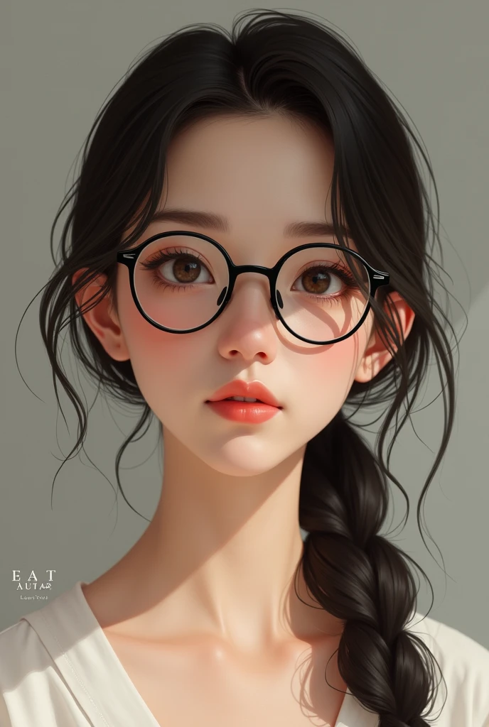 Lite brown skin colour woman with small features"
" girl with small eyes and lips"
With single braid and METAL black THIN spects
