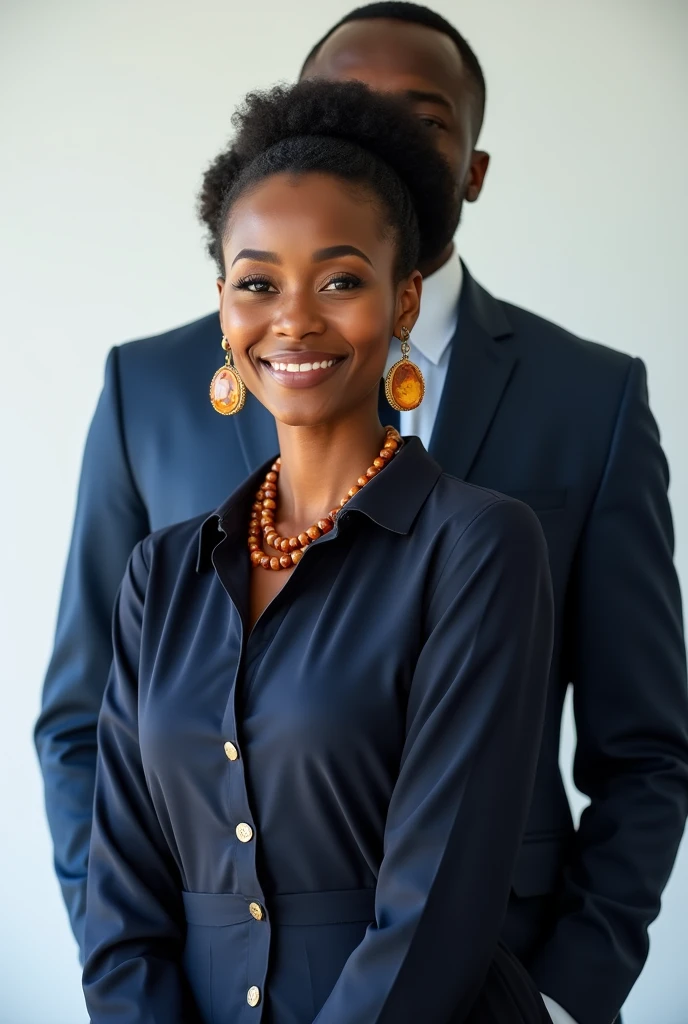 Beautiful Black woman wearing office dark blue dress. Three quarter portrait on white background. Straight posture. She wears beauty amber earrings and amber beads. A handsome man in suit stays behind her and holding her shoulders. 