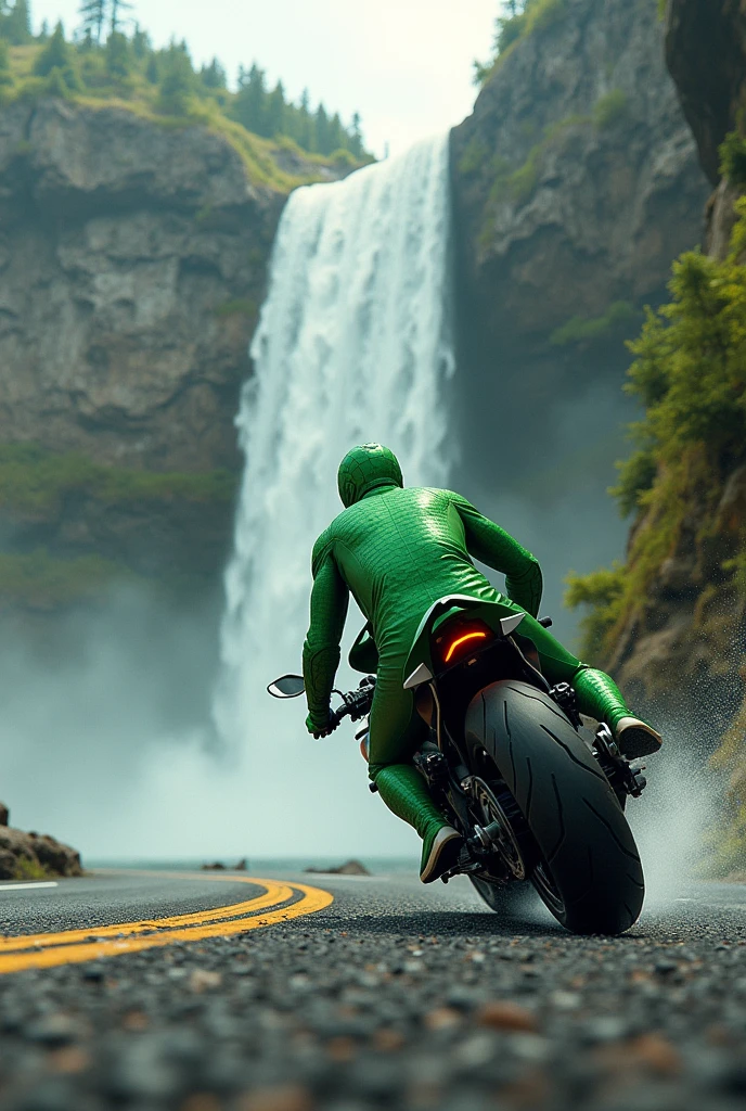 Spider man in green shut with bike on roat and waterfall 

