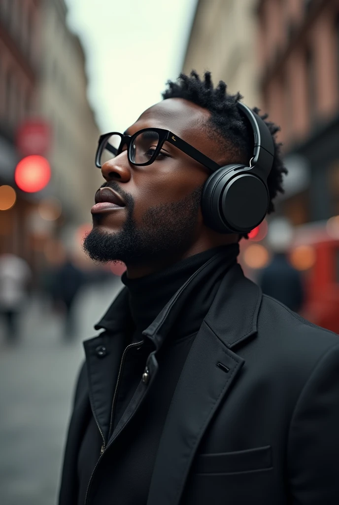 A black-skinned man finds himself in a moment of disconnection and enjoyment, immersed in his own musical bubble. High-end wireless headphones stand out for their modern and elegant design, which suggests that you have a refined taste and appreciate sound quality.

Dark glasses add a touch of mystery and style, giving you a cool and confident look. His relaxed posture could indicate that he is enjoying a moment of calm., whether while walking around the city, sits in a park or just takes some time for himself.

The context in which it is found could be urban, with a mix of city sounds that barely manage to break your concentration. This moment reflects not only his love for music, but also their desire to escape and enjoy life at their own pace..
