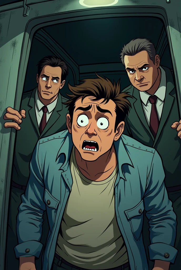 A normal scared man being taken to the asylum in animated hand drawn format