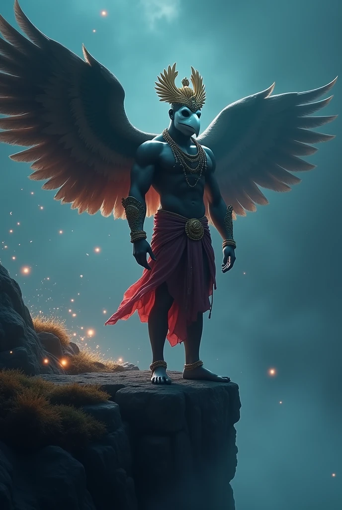 Cool cinematic animated character art, Silhouette of a man dressed as Garuda standing on the edge of mountain cliff, wearing white coloured bird mask, muscular physique, red and gold dhoti, bird wings, wearing indian golden crown, saree, mysterious Myst in environment, glowing fireflies, cinematic lighting, darkness in atmosphere, night sky, colour graded, vibrant, 4khd