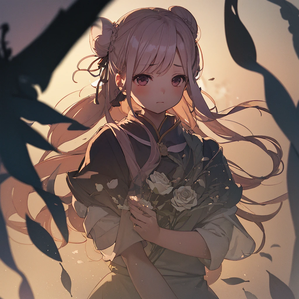 1 person、(),(((silhouette:1.2)))、 (Hair Ribbon:0.4),(((Bun Hair))),(((Very long hair))),Kunimi Tama,(Face close-up),Blacksmithing、leaf、rose、Abstract、Zhou Haoguang、(Blurred Background、Blurred foreground、Depth of written boundary:1.3)、Swirling Mist、Iridescent mist、god々Abstract texture、Dripping、