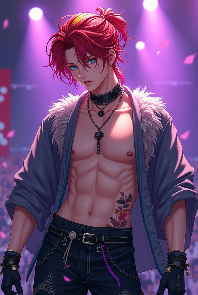 absurd, high resolution, ultra detailed, HDR, mingwa style, masterpiece, best quality, extremely detailed, detailed eyes, Quincy, red hair with yellow side streaks, messy ponytail hair, hair between the eyes, expressive blue eyes, mingwa style, solo, manhwa idol, sexy man, manly man, horny, lustful, handsome, fantasy, undressing, black haori, transparent kimono, black choker, feathers, accessories, black gloves, fingerless gloves, elbow gloves, black bow headband, cock full of old perverts, ear microphone, purple light spotlights, mouth piercing, crowded show, fantasy manhwa, dick show,