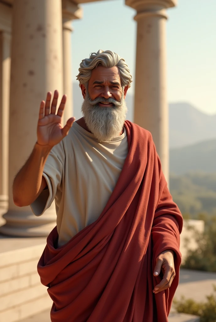 an image of Plato the philosopher smiling and waving
