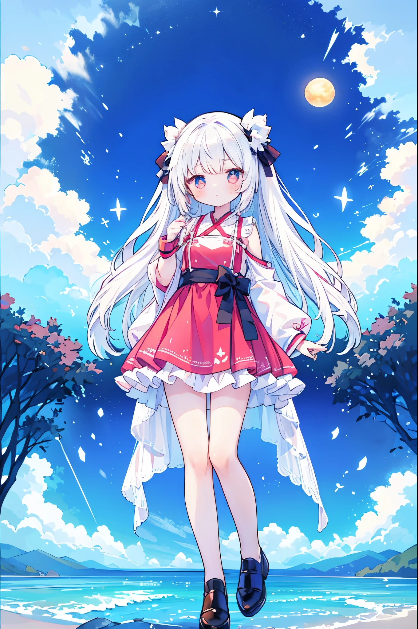 完美的White hair女孩, Cute girl anime visual, White hair的 god, Small curve , White hair女孩, Anime style 4k, White hair, Anime girl with long hair, White hair的, Cute anime girl,，a little ，long White hair，Amber pupils，Black leather shoes，Short skirt，Standing by the lake，Starry Sky，meteor