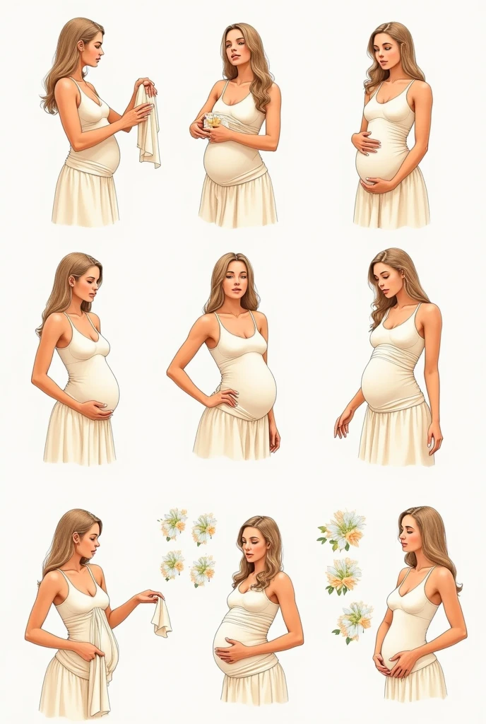 Instruction manual in the form of beautiful and detailed drawings illustrating step by step how to put on a postpartum girdle and a nursing top. STEP BY STEP LIKE AN INSTRUCTION MANUAL 