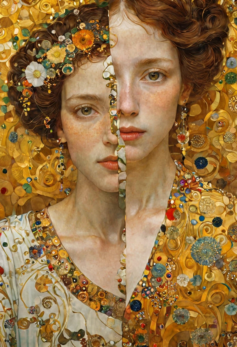 Split screen, [mysterious:happy:0.5] women, by Gustav Klimt, Fine art impressionist watercolor by Geoffroy Thoorens and James Christensen, Intricate, cinematic lighting, Very detailed, seeds, sharp focus, Perfect balanced style, amazing depth, complementary colors