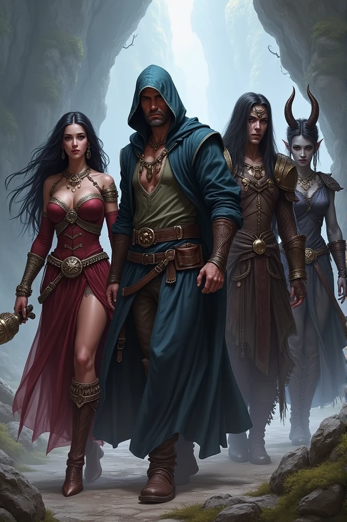 A group of adventurers with a busty dark elf and a mage, a classist Elf cleric, a half-orc bard with pigtails and a Tiefling with long black hair and white sorceress skin 