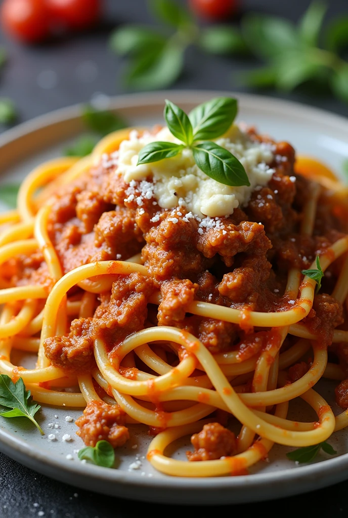 (photorealism:1.2), spaghetti mixed with hot and smoky minced meat,mayonnaise and cheese spicy sauce, flat plate, vegetables, by Greg Rutkowski, by Alphonse Mucha