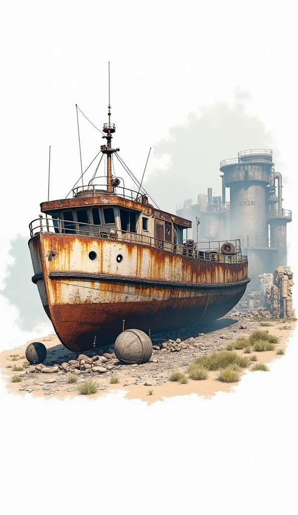 (Best Quality,4k,8k,High resolution, masterpiece:1.2),ultra detailed, sharp focus,(realist,photorealist,fotorrealista:1.37),extremely fine details, intricate details,vivid colors,intense colours,Deep contrast,cinematic depth of field,cinematographic composition,cinematic camera angle(Photograph of an abandoned rusty boat:1.5, scenario centered on abandoned industrial machinery.), abandoned coal mine landscape, machine placed, (( 放置されたHeavy equipment, industrial waste)), quiet, , minimalist, industrial environment, Heavy equipment, spiderweb, dusty, Disturbing silence, crumbling walls, oxide, overgrown vegetation, Remnants of past activities, dark space, Broken window, colores quiets, mysterious atmosphere