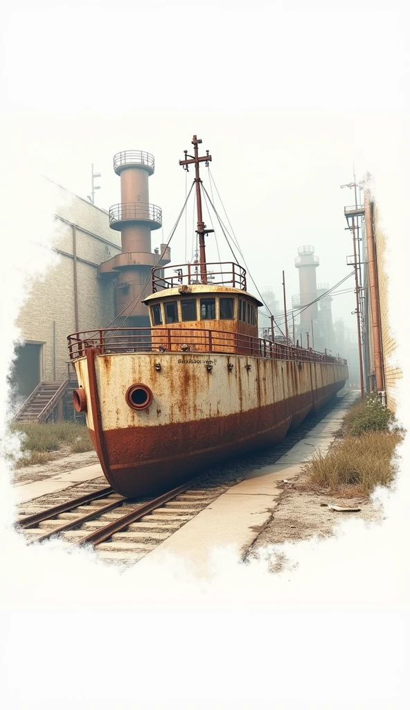 (Best Quality,4k,8k,High resolution, masterpiece:1.2),ultra detailed, sharp focus,(realist,photorealist,fotorrealista:1.37),extremely fine details, intricate details,vivid colors,intense colours,Deep contrast,cinematic depth of field,cinematographic composition,cinematic camera angle(Photograph of an abandoned rusty boat:1.5, scenario centered on abandoned industrial machinery.), abandoned coal mine landscape, machine placed, (( 放置されたHeavy equipment, industrial waste)), quiet, , minimalist, industrial environment, Heavy equipment, spiderweb, dusty, Disturbing silence, crumbling walls, oxide, overgrown vegetation, Remnants of past activities, dark space, Broken window, colores quiets, mysterious atmosphere