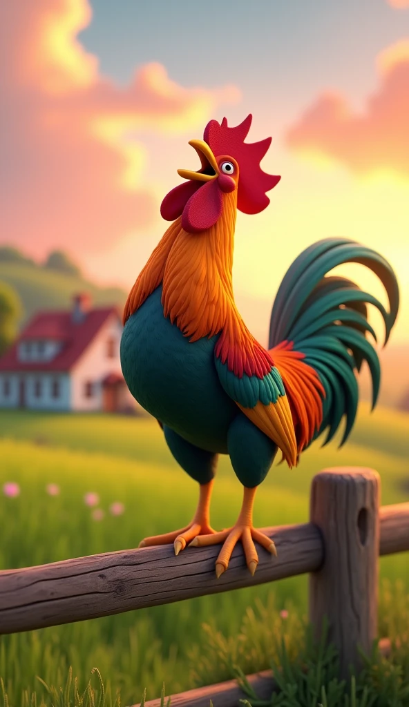 Draw a rooster with orange, green and blue plumage on a very pretty farm at dawn. The rooster must be crowing on a wooden fence, with its colorful feathers standing out in the design. The farm should be picturesque and detailed, with green fields and a sunrise sky with soft shades of orange and pink, in 3D animated style
