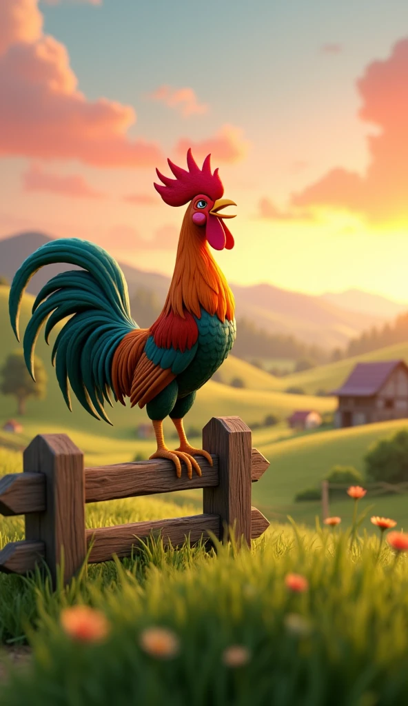 Draw a rooster with orange, green and blue plumage on a very pretty farm at dawn. The rooster must be crowing on a wooden fence, with its colorful feathers standing out in the design. The farm should be picturesque and detailed, with green fields and a sunrise sky with soft shades of orange and pink, in 3D animated style
