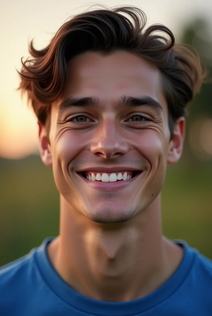 In the close-up, a handsome twenty-year-old with a fair complexion and dark brown hair gazes warmly. His brown eyes and clean-shaven face complement his broad smile. He wears a casual blue t-shirt, and the beautiful evening backdrop enhances the gentle glow on his features.