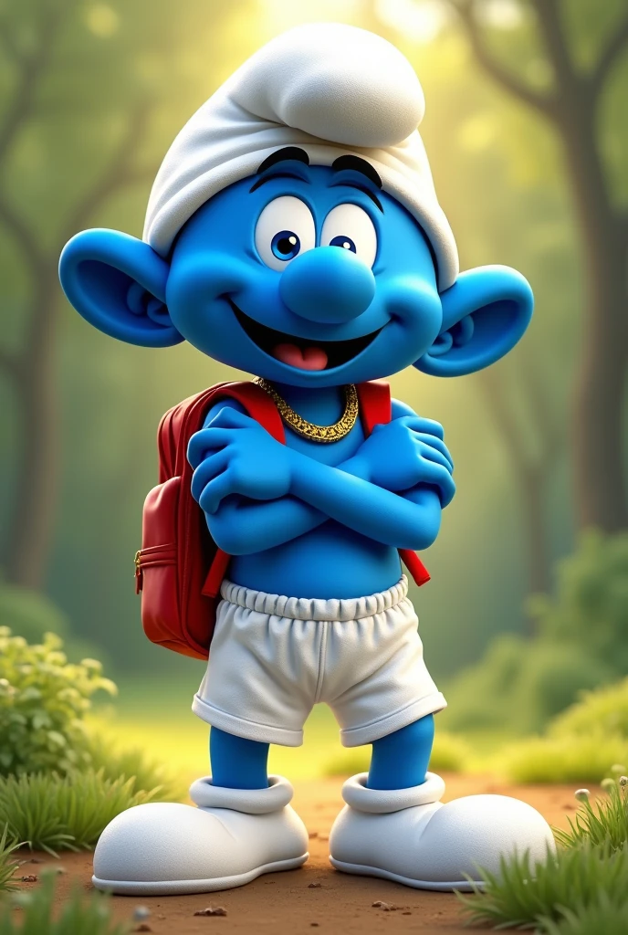 Create a smurf image, marrento, with gold chain around his neck, school backpack on the back,  with white futsal player shorts, crossed arms. Improve more. 