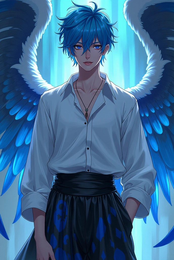 Free fire style, male blue hair, black mascara, long white shirt, blue and black angelic pants