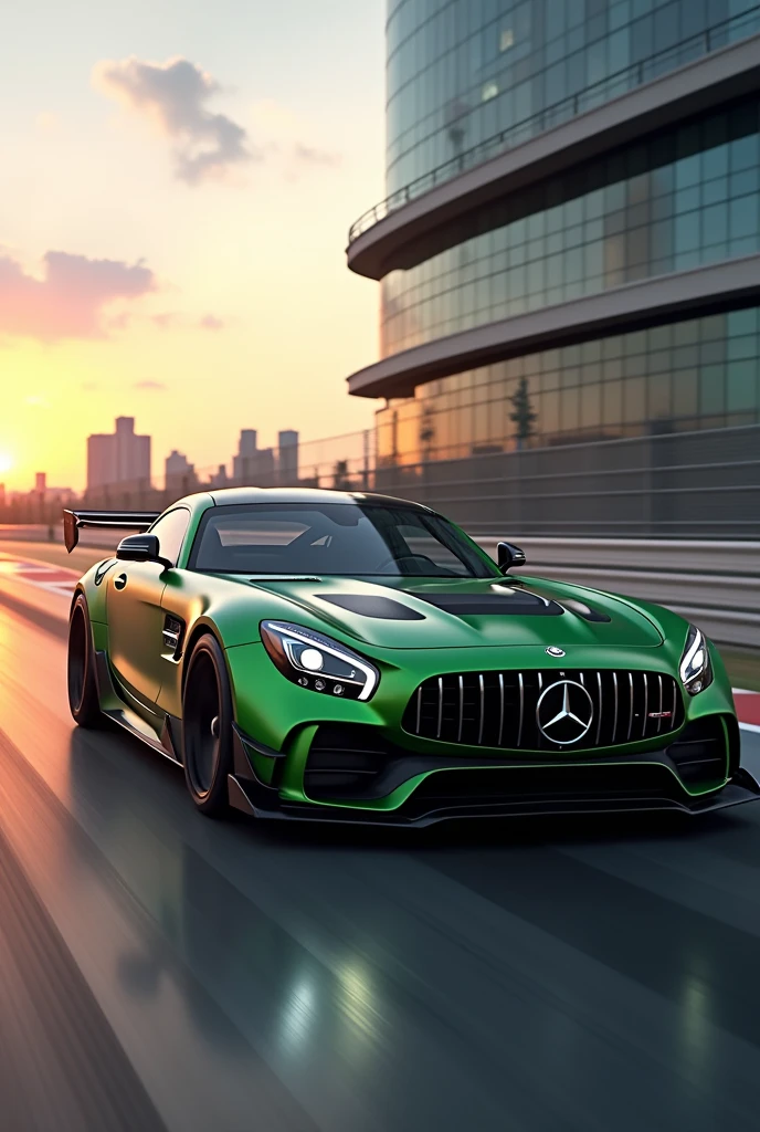 A Mercedes Benz amg serie black driving on a city track, racing road, racing race sign, green metal body, glass windows, metallic reflection, city track, tall building, sunset, photography, art station trend, sharp focus, intricate detail, high detail, ambient light, ray tracing