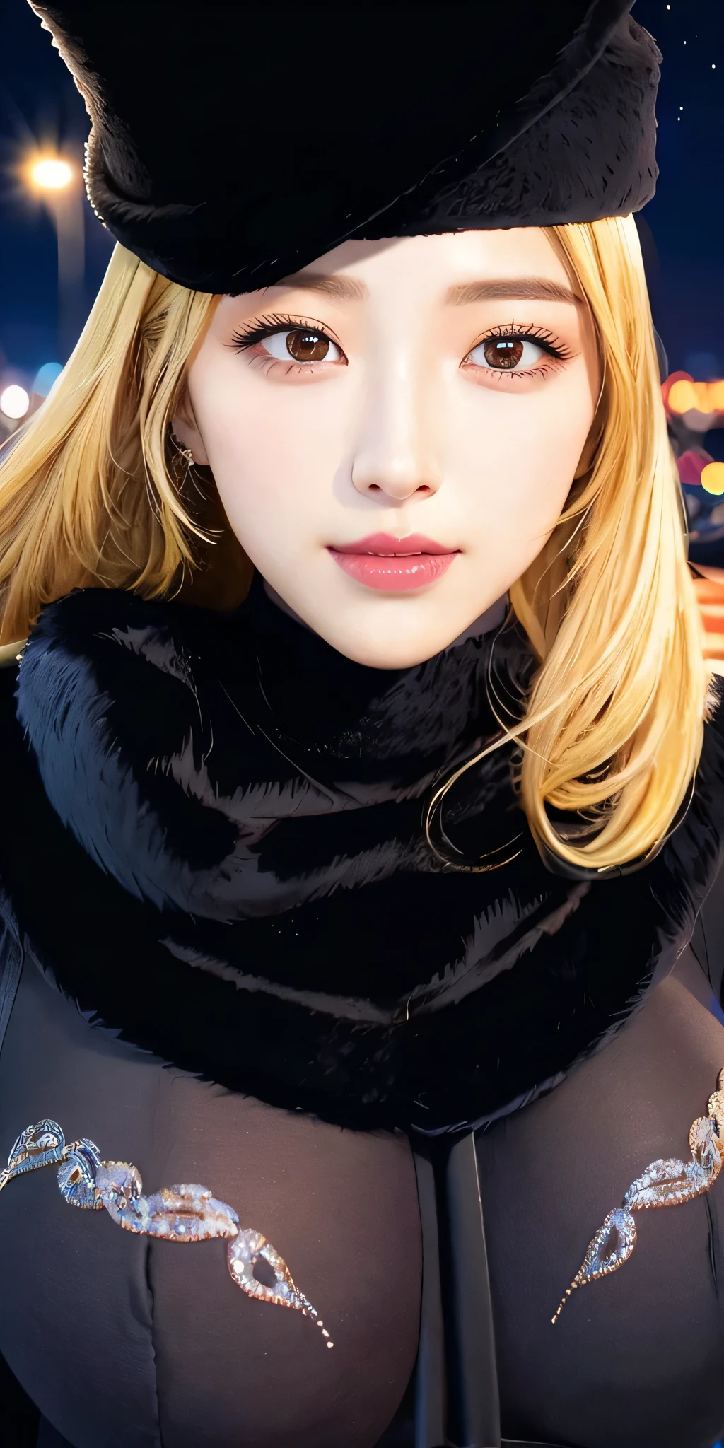Maetel, Long Hair, Blonde,Fur trim, Black Hat, Fur hat, dress,(Cowboy Shot:1.1), Obscene eyes, (luggage:1.1), vapor (station:1.1),stationのプラットホーム, night, Milky Way,999 Best Quality, Very detailed, masterpiece, Absurd,8k, (Detailed eyes, Deep Eyes),photoRealistic, Realistic,Detailed skin texture, Detailed pupil,High resolution,
1 Female,(Happy:1.1),smile, (Angular face:1.2),Shining Face,((Obscenely huge breasts bigger than her face:1.85)), (Tight waist:1.35), Lip Makeup,Long eyelashes, Obscene body