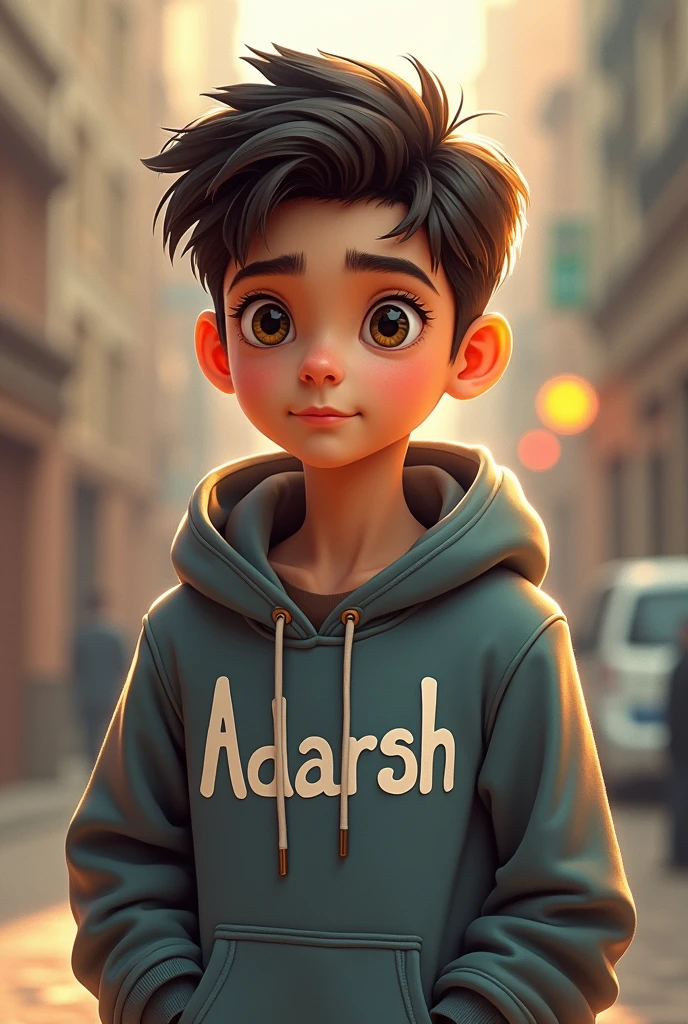 A smart boy wears hoodie and on the hoddie written Adarsh