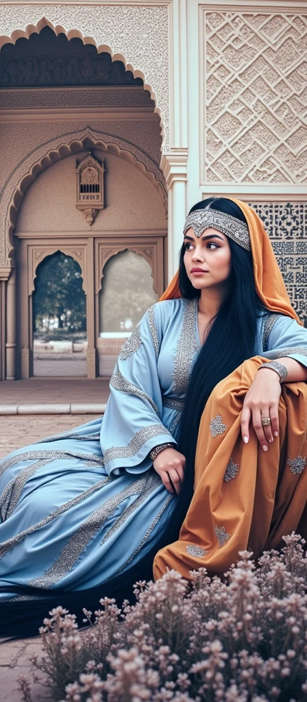 portrait of a plump woman inside the Alhambra with very very long black hair, crowned with a medieval Arabic headdress with an orange veil, pastel blue kaftan with silver Arabic embroidery, silver jewelry, Al-Andalus era, ethereal atmosphere.