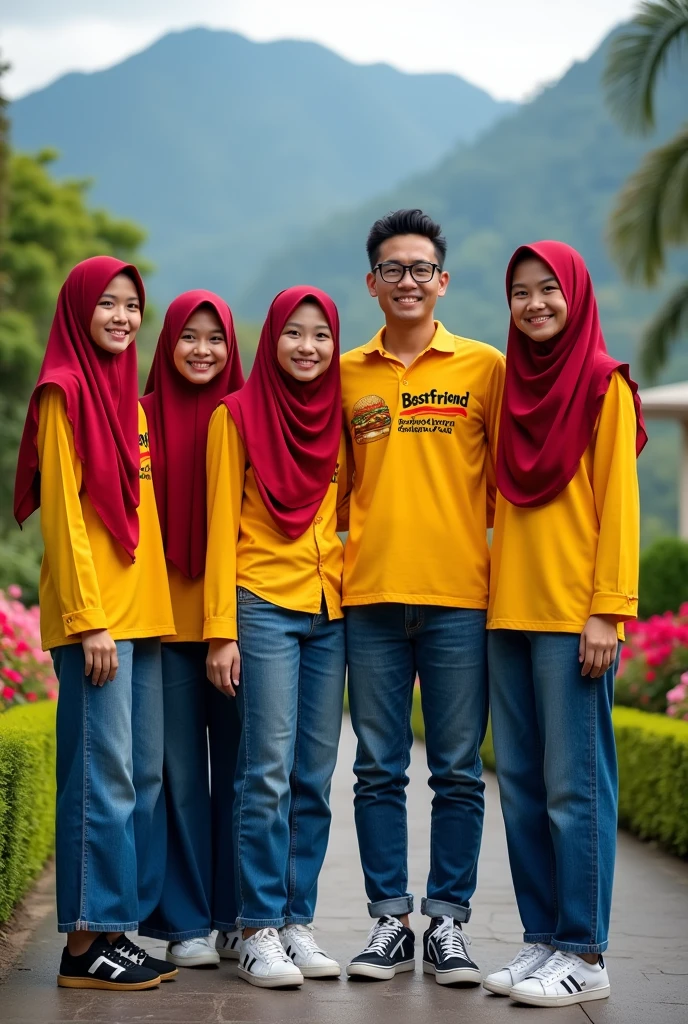 ( realistic photo of 4 Indonesian women aged 38 years all wearing red hijabs,) ( 2 Indonesian men aged 38 years) , (all wearing yellow uniform fastfood t-shirts with the words "BESTFRIEND Burger & Chicken Jatisawit"), all wearing blue denim trousers, wearing sneakers,. everyone smiled happily. mountain and flower garden background. Skin details, HD, 8K