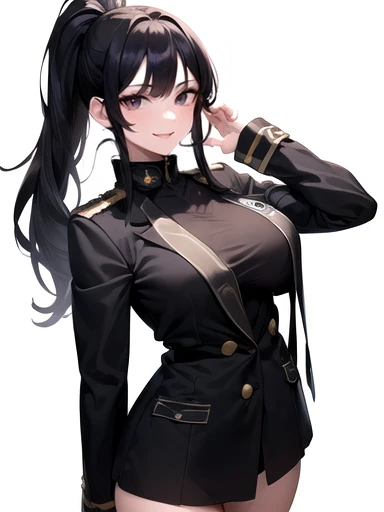 (((masterpiece,best quality,absurdres,8K,perfect body))) , ((big boob,black hair,longhair, large breasts, high ponytail,black eye,smile)),((gakuran,uniform)),(())