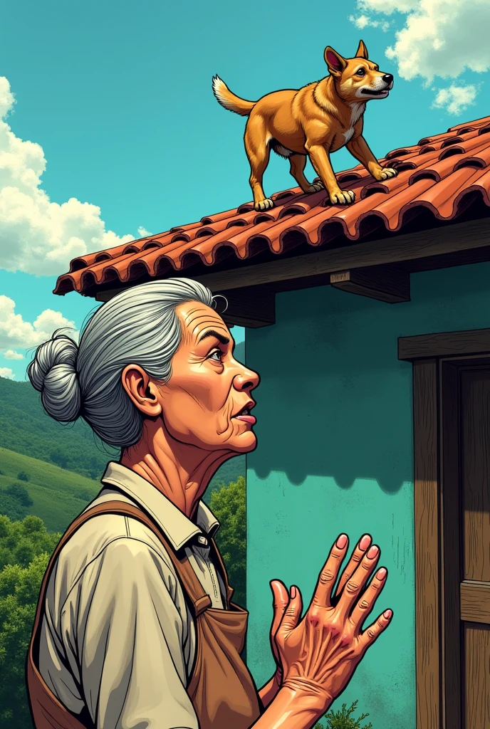 Old woman looking at the roof of her house, a stray dog is on the high roof, trying to get down. house in Brazil. manga style.