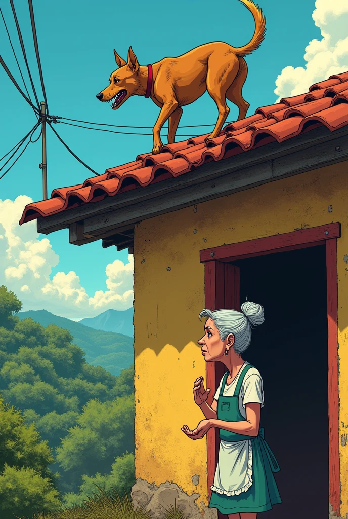 Old woman looking at the roof of her house, a stray dog is on the high roof, trying to get down. house in Brazil. manga style.