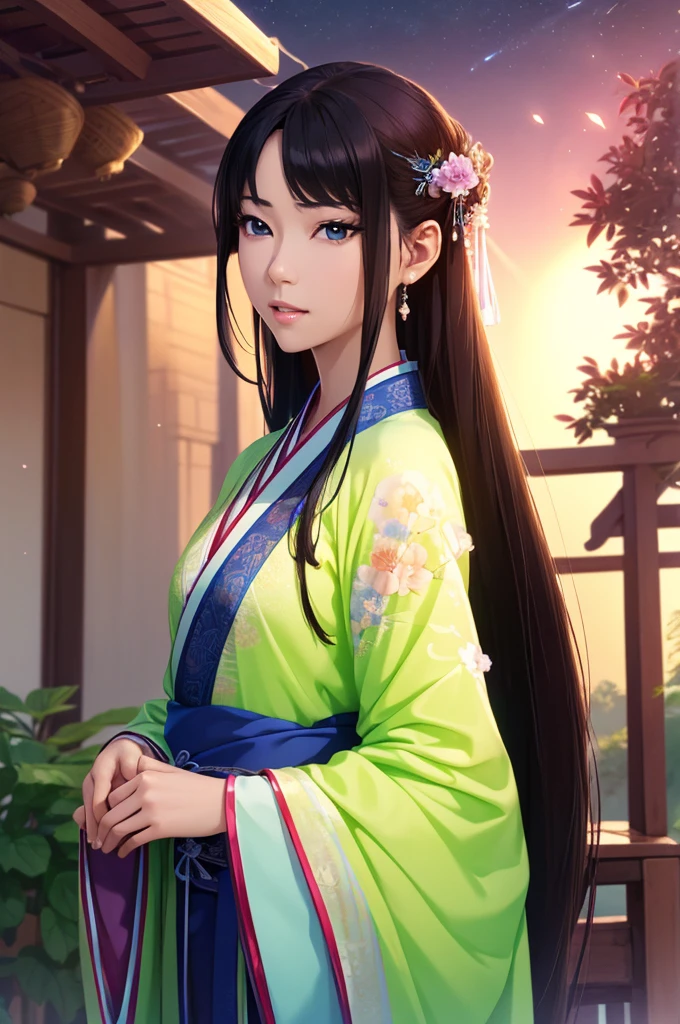 Starry sky landscape、shooting star、 (Highest quality,4K,8k,High resolution,masterpiece:1.2), Very detailed, (Realistic,Realistic,Realistic:1.3), High resolution, Hyper HD, Studio Lighting, Ultra-fine painting, Sharp focus, Physically Based Rendering, Very detailed説明, Professional, Vibrant colors, Bokeh, Sports Late Night, Traditional Chinese Painting Techniques, Atmospheric lighting, Vivid color contrast, Ethereal atmosphere,Very detailed目と顔, Beautiful attention to detail, Light on the face,Hanfu 、(Hanfu: 1.1)、、(Green Eyes: 1.1)、Eyes are green、Slim figure、Small breasts、Sexy pose