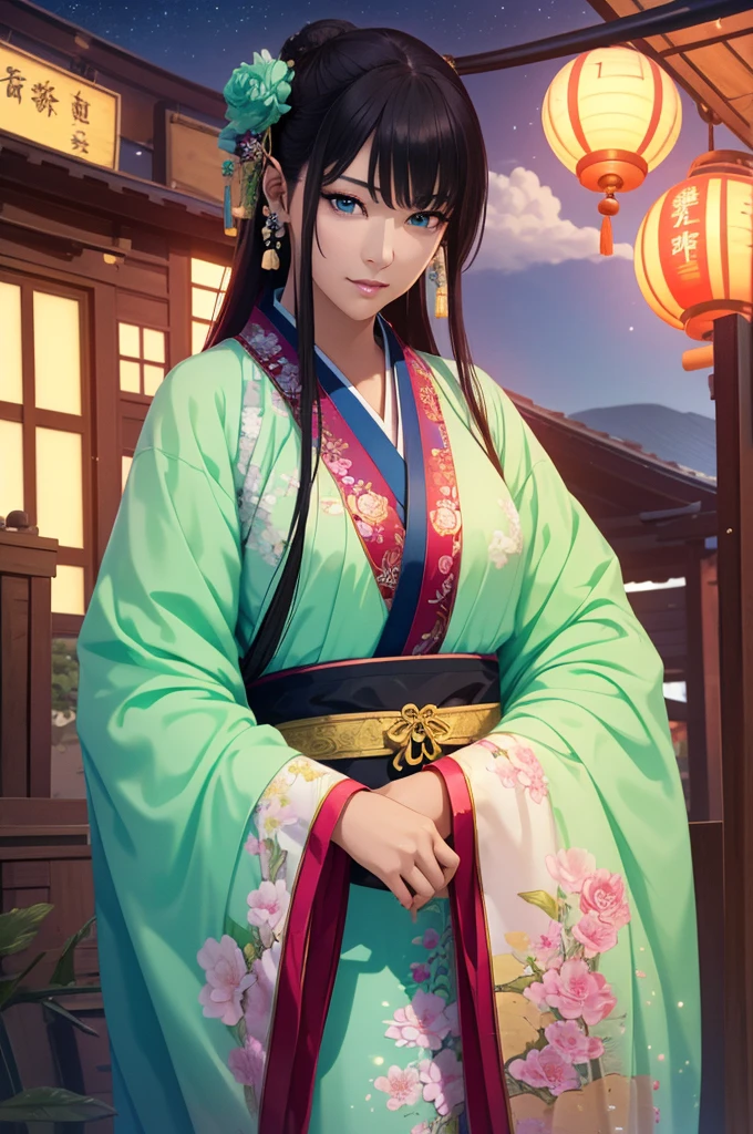 Starry sky landscape、shooting star、 (Highest quality,4K,8k,High resolution,masterpiece:1.2), Very detailed, (Realistic,Realistic,Realistic:1.3), High resolution, Hyper HD, Studio Lighting, Ultra-fine painting, Sharp focus, Physically Based Rendering, Very detailed説明, Professional, Vibrant colors, Bokeh, Sports Late Night, Traditional Chinese Painting Techniques, Atmospheric lighting, Vivid color contrast, Ethereal atmosphere,Very detailed目と顔, Beautiful attention to detail, Light on the face,Hanfu 、(Hanfu: 1.1)、、(Green Eyes: 1.1)、Eyes are green、Slim figure、Small breasts、Sexy pose