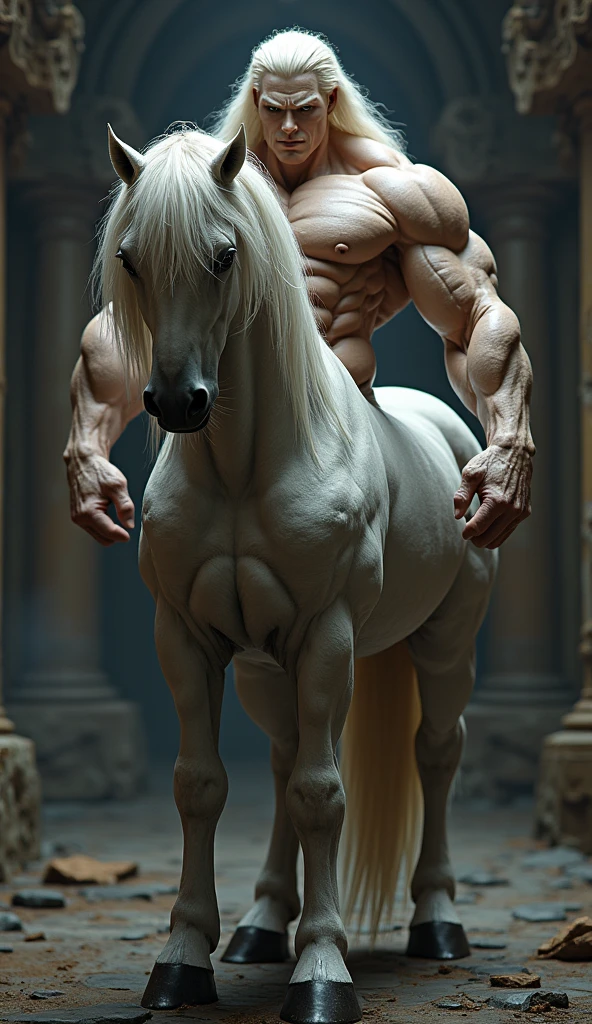 a centaur, detailed anatomy, muscular body, horse body, human upper body, detailed face, intense gaze, horse legs, hooves, detailed fur texture, dramatic lighting, fantasy, cinematic, intricate details, 4k, high resolution, hyper realistic, photorealistic, masterpiece, digital art