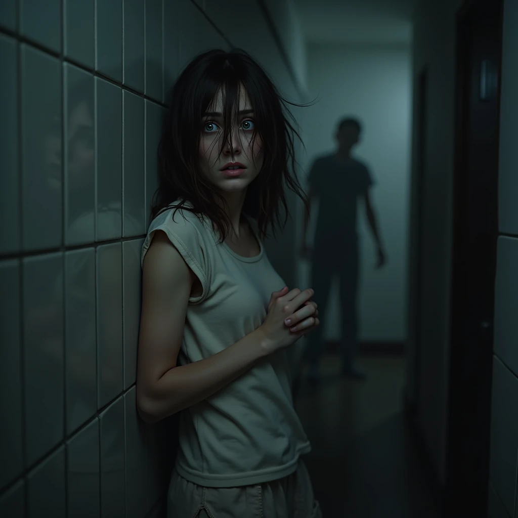 a brunette woman with straight hair, with about 1,65m tall, dressed in simple pajamas, but now dirty, backs away slowly until he leans against the cold, damp wall of his bathroom. Your hair is disheveled, falling disorderly over his pale face. The dim light in the bathroom. Fear takes over his face, his eyes wide and filled with terror, fixed on something that hides in the shadows. Your breathing is short and choppy. As she desperately tries to get away from something invisible that is approaching.