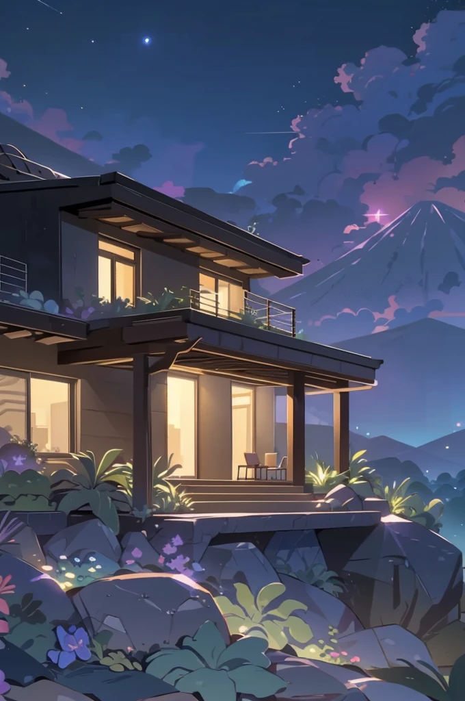 small and beautiful modern house in top of big boulders, terraces, pool, stairs, multiple cacti gardens, palms, trees, rocks, beautiful landscape design, mountains and volcano y background, amazing clouds, sun, moon, planets, milky way galaxy, concrete, wood, glass and steel materials, olive green, violet, orange and withe colors in facade