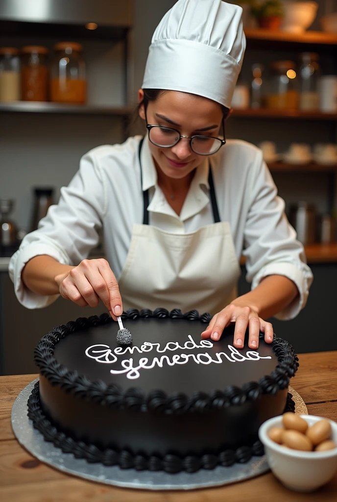 Pastry teacher giving classes Making a black cake With the word generating with Lety (Spanish)
