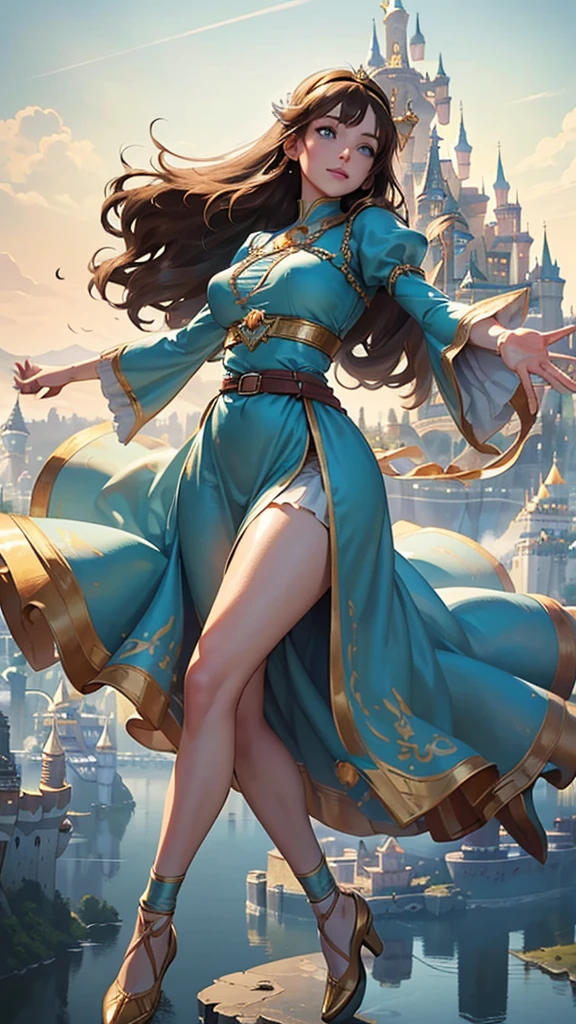 (photo realistic:1.35), masterpiece, best quality, CG, wallpaper, HDR, high quality, high-definition, extremely detailed,
1girl, (full body shot),
((body is horizontal)),
((fly through the sky with my hands outstretched)),
(hair is fluttering:1.25), (clothes are fluttering:1.25),
perfect female anatomy, two legs, two feet, two arms,
break
brown hair, blue eyes,
(highly detailed Caucasian skin:1.2),
(Rounded large breasts),
kind smile,
(Slim body, Thin waist, Big hips),
break
(retro artstyle),
(Serene and goddess-like),
(glowing lightly gold),
long sleeves, dress, juliet sleeves,
puffy sleeves, belt, hairband,
break
((Floating Castle:1.45))
(see a castle in the sky in the distance),
horizon,
well sunlit
