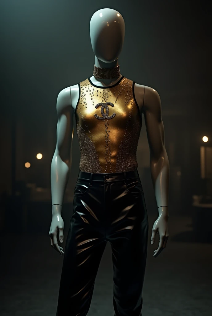 create a image of a male mannequin, the setting is a fashion studio at night, the outfit exposed in the mannequin is a metallic see through golden tank top with bedazzled details mimicking waterdrops, there's also black vinyl pants and a chanel choker.