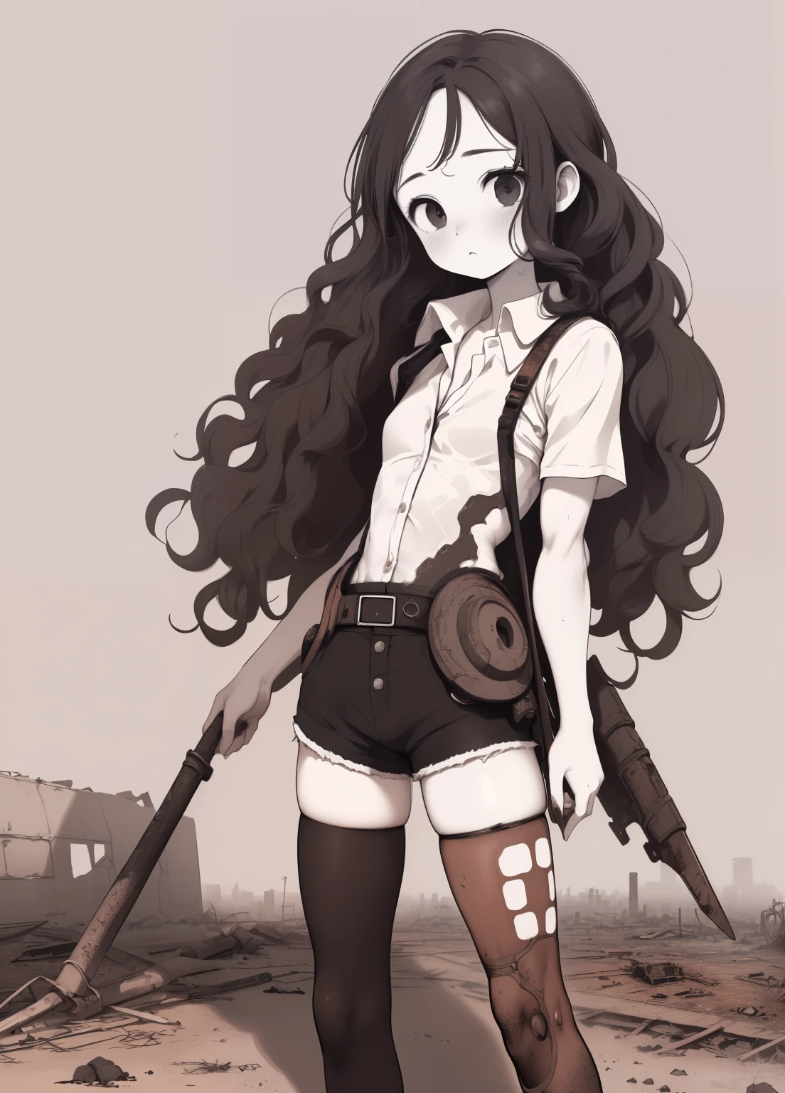 (masterpiece、Highest quality、Highest quality、Official Art、Beautiful and beautiful:1.2)、(One person:1.3)Hatsune Miku、Twin tails,Beautiful breasts, Katsushika Hokusai,((2))) Black girl, (Post-apocalyptic wasteland background:1.5), (((White skin))),(Muscular body:1.5), ((( Full body pose))),  (((Long, wavy black hair))), (((Silk thigh-highs and revealing shorts))), (((Dressed in post-apocalyptic clothing, Short sleeve white shirt, I unbuttoned half of the button))), african tribal tattoo sleeve, Dark Fantasy Art, rich, Deep colors, (Intricate details), (High resolution, Hyper Detail:1.2), (Natural skin texture, Ultra-realistic, Soft Light, sharp),()