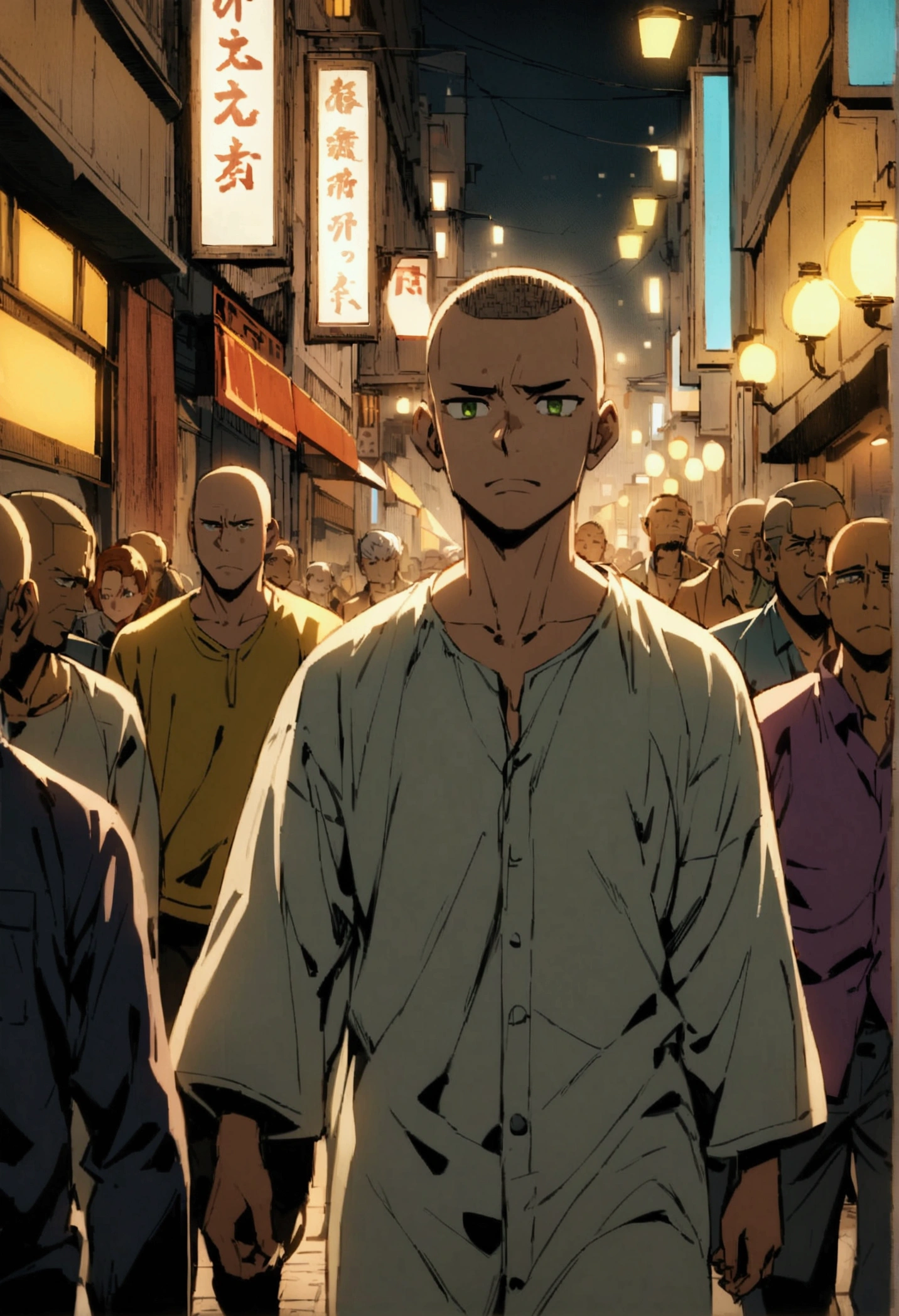 There is a man in all white with a buzz cut hairstyle. His hair is brown and has green eyes. He has a weary expression. He is walking in a crowded streets. It takes place in the near future, with a used look. It is at night. There are purple and yellow street lights.
