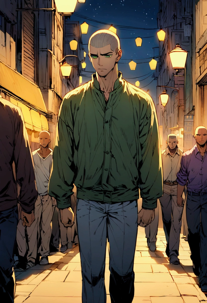 There is a man in all white with a buzz cut hairstyle. His hair is brown and has green eyes. He has a weary expression. He is walking in a crowded streets. It takes place in the near future, with a used look. It is at night. There are purple and yellow street lights.