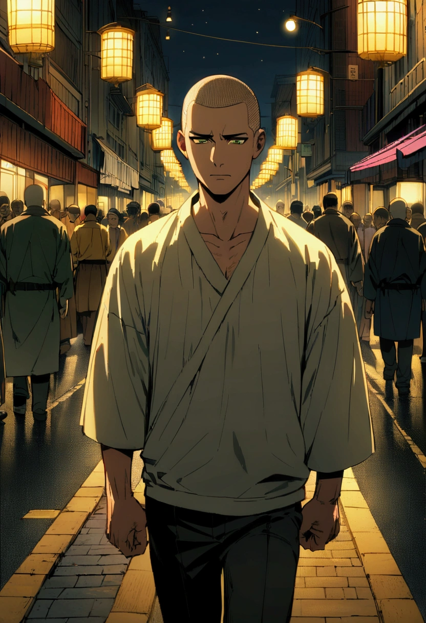 There is a man in all white with a buzz cut hairstyle. His hair is brown and has green eyes. He has a weary expression. He is walking in a crowded streets. It takes place in the near future, with a used look. It is at night. There are purple and yellow street lights.