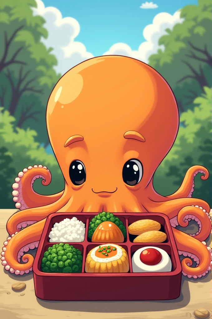You can make a picture of an orange octopus eating a Japanese bento in anime style