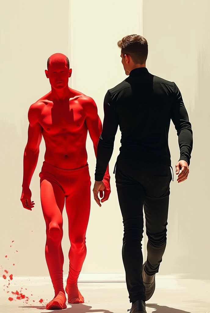 two mens, one from one side to the other, the one on the left with the whole red body and the one on the right with the black color