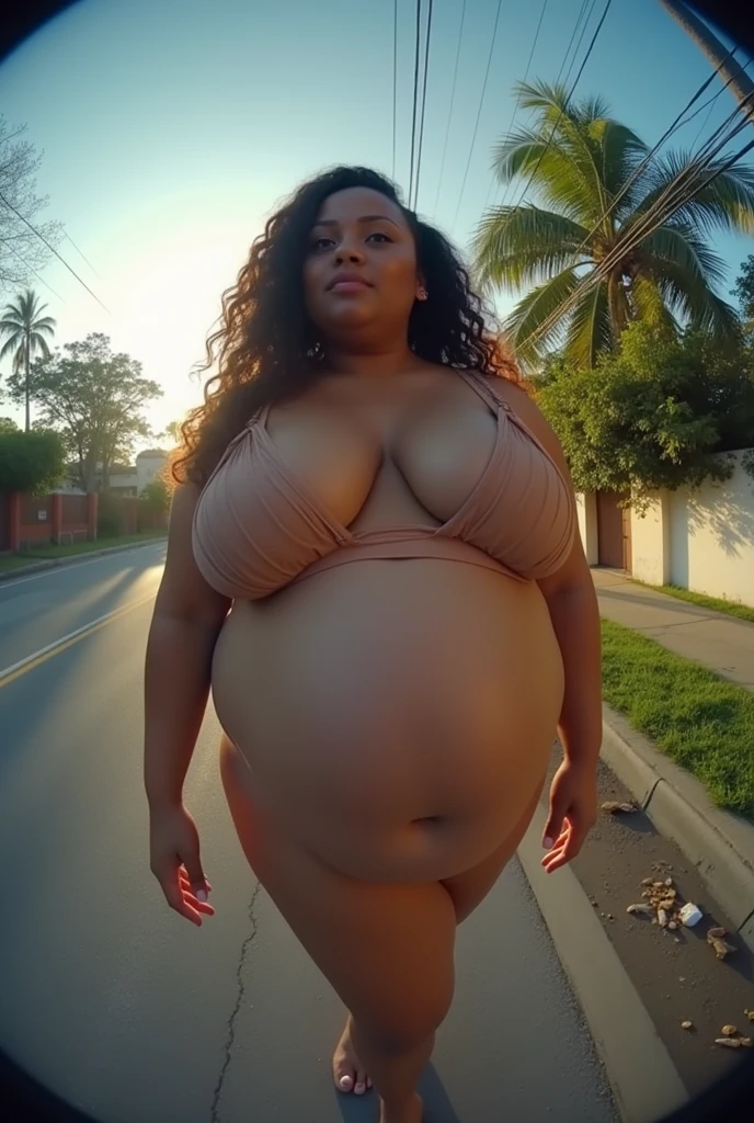 Pov when the fisheye cam view accidentally meets a Latin Brazilian mother with a curvy plus size body who looks full and is pregnant with a large stomach and wearing a jumbo sized and sagging bra on the side of the road, iphone camera style. 8k hd, realface, cinematic, highly detailed, Extreme