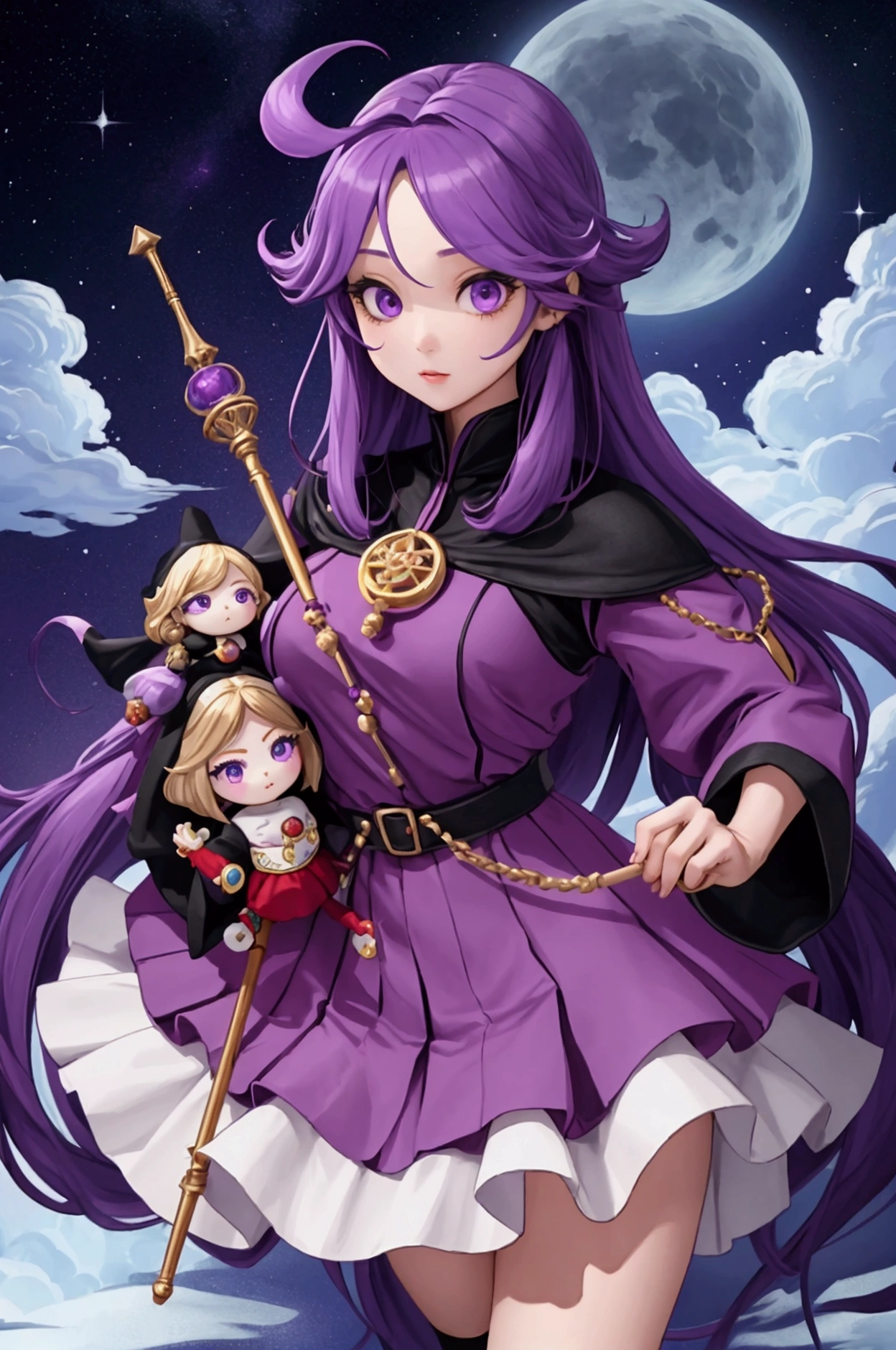 Q version three-headed big head doll ，doll ，Blind Box， Female mage purple long-distance running holding a staff，Cute HD Beautiful pose