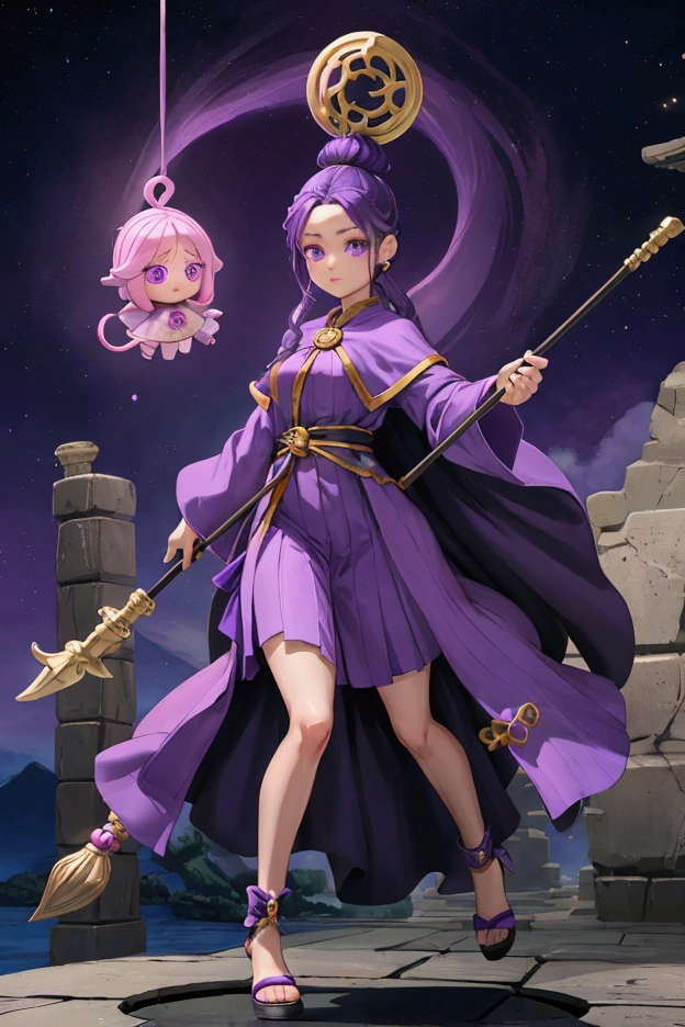 Q version three-headed big head doll ，doll ，Blind Box， Female mage purple long-distance running holding a staff，Cute HD Beautiful pose